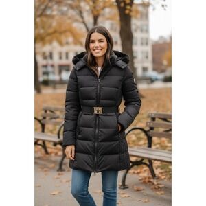 Moncler  Coats Black Polyester, Rabbit fur 434650‎